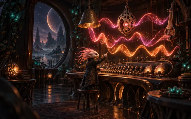 An alien sound designer conducts luminous sound ribbons through unusual instruments