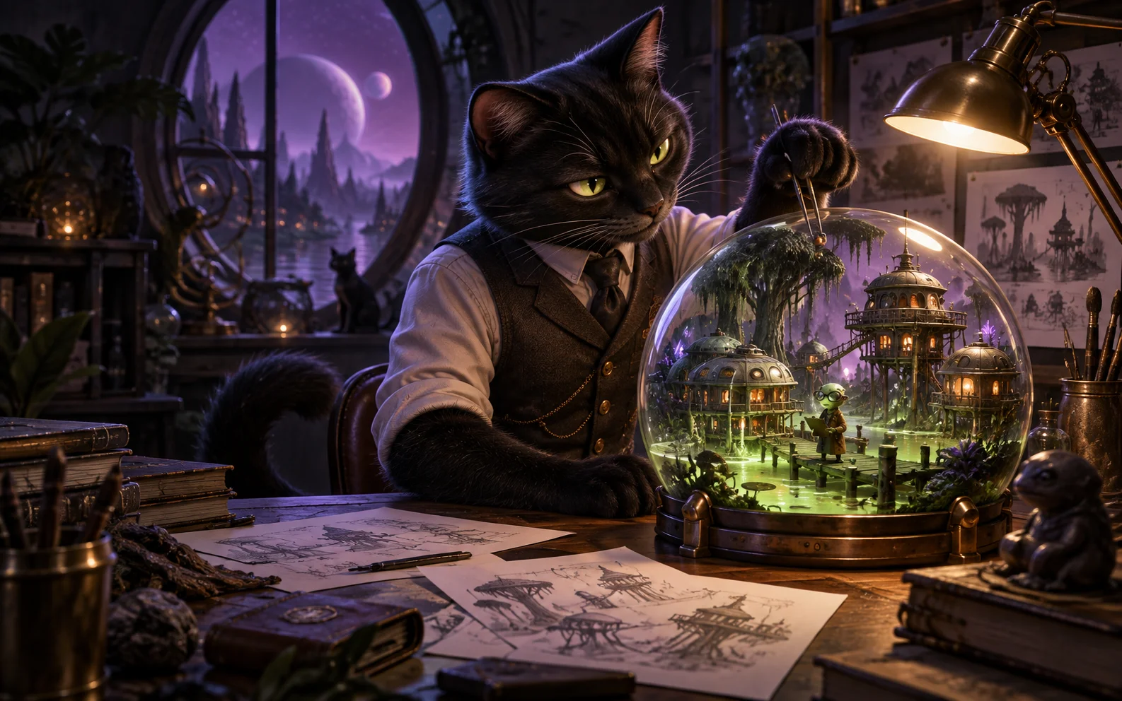 A cat creative director assembles a miniature alien world inside a glass terrarium