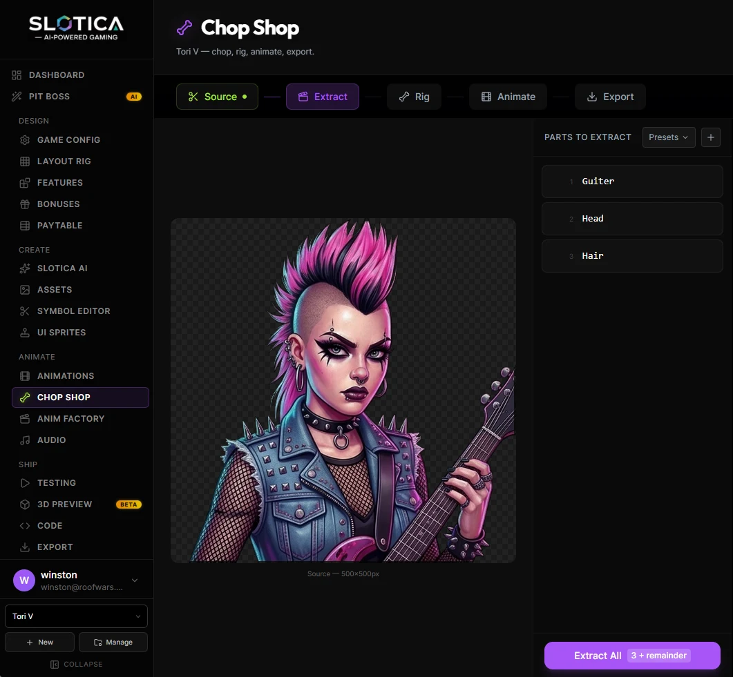 Chop Shop source and part-selection interface with a custom punk character