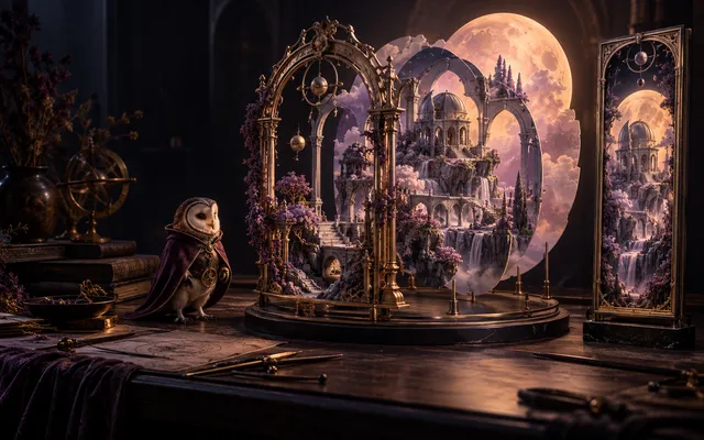 An owl curator arranges layered observatory scenery in wide and portrait frames