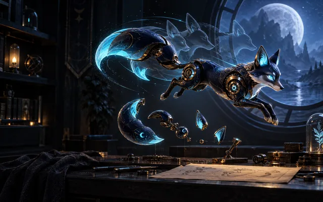 A clockwork lunar fox leaps above separated model parts and ghosted motion poses