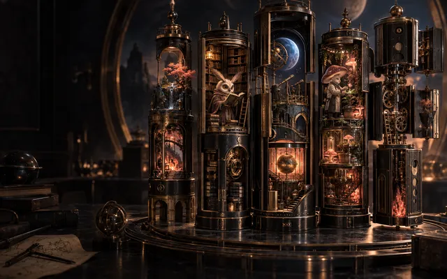 Modular mechanical towers contain an observatory, a moth librarian, and a mushroom botanist