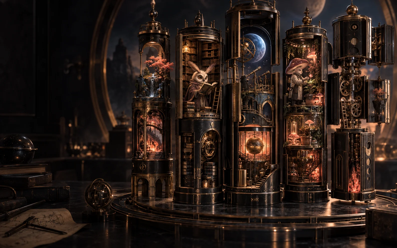 Modular mechanical towers contain an observatory, a moth librarian, and a mushroom botanist