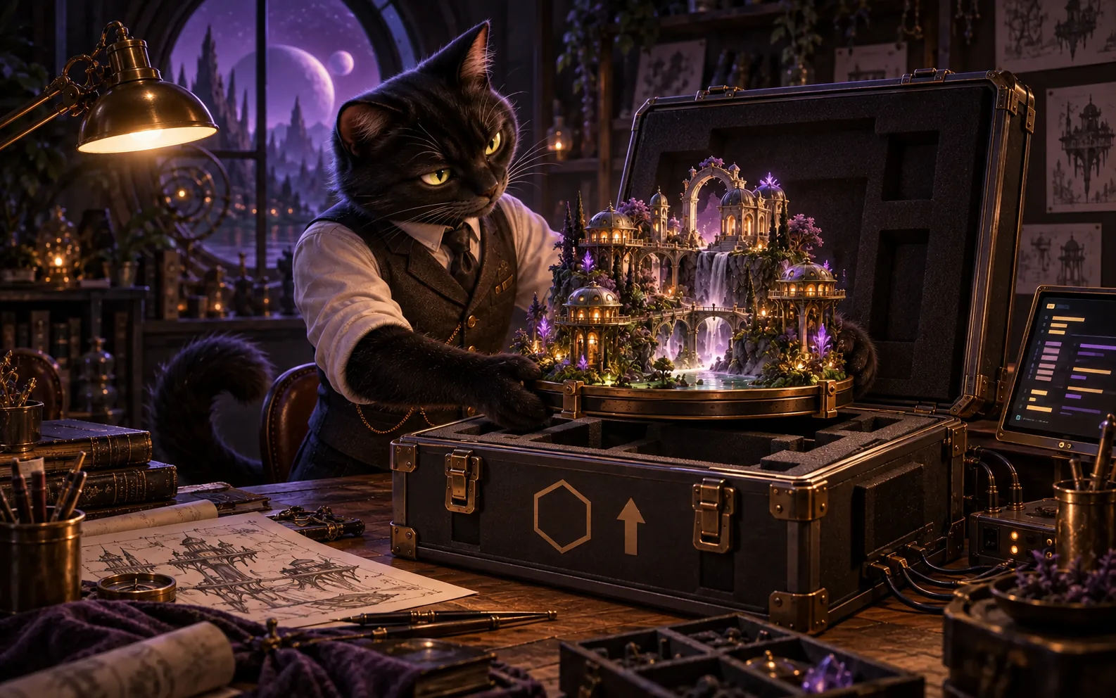 A cat creative director packs a glowing miniature game world into an engineered shipping crate on a workbench