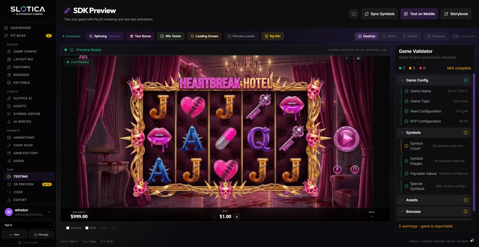 Slotica Testing workspace with a custom game preview and validation panel