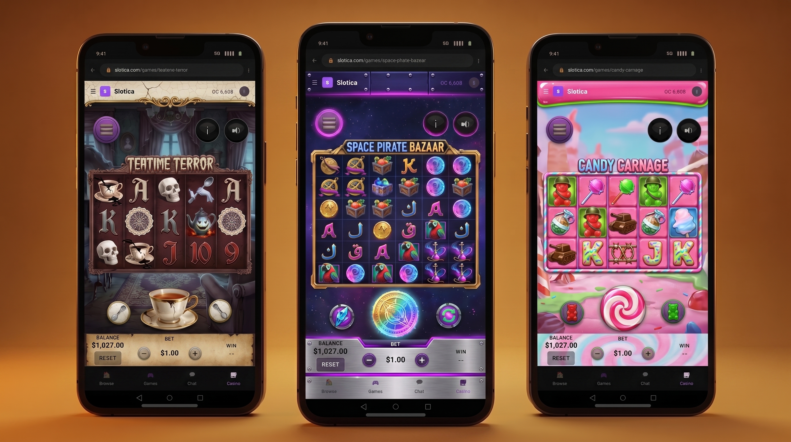 Three mobile slot games in unique themes: Tide Cartography (nautical 5x3), Pollen Bloom (solarpunk 6x6 cluster), and Static Playground (carnival-noir 5x3)