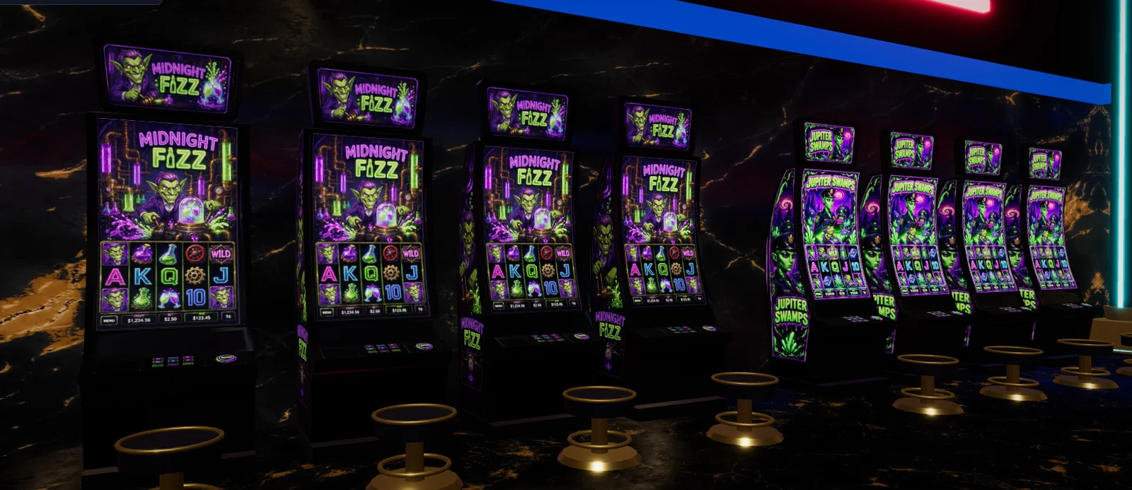 Midnight Fizz and Jupiter Swamps cabinets stand side by side