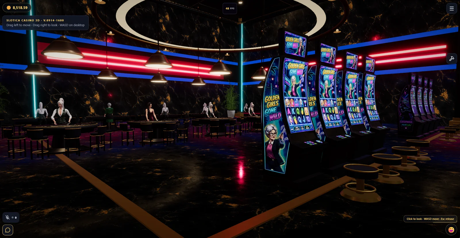 Real Slotica 3D casino floor with Golden Girls Gone Wild cabinets and table areas