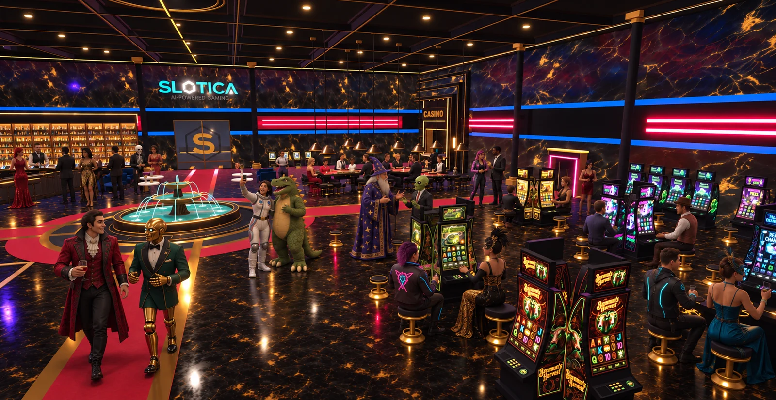 AI-enhanced scene: Costumed guests cross paths around the fountain, tables, and original game worlds.