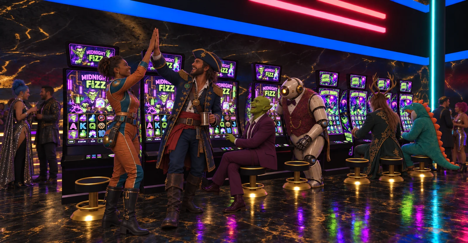 AI-enhanced scene: A space pilot and pirate celebrate beside an alien, a robot, and the custom cabinets.