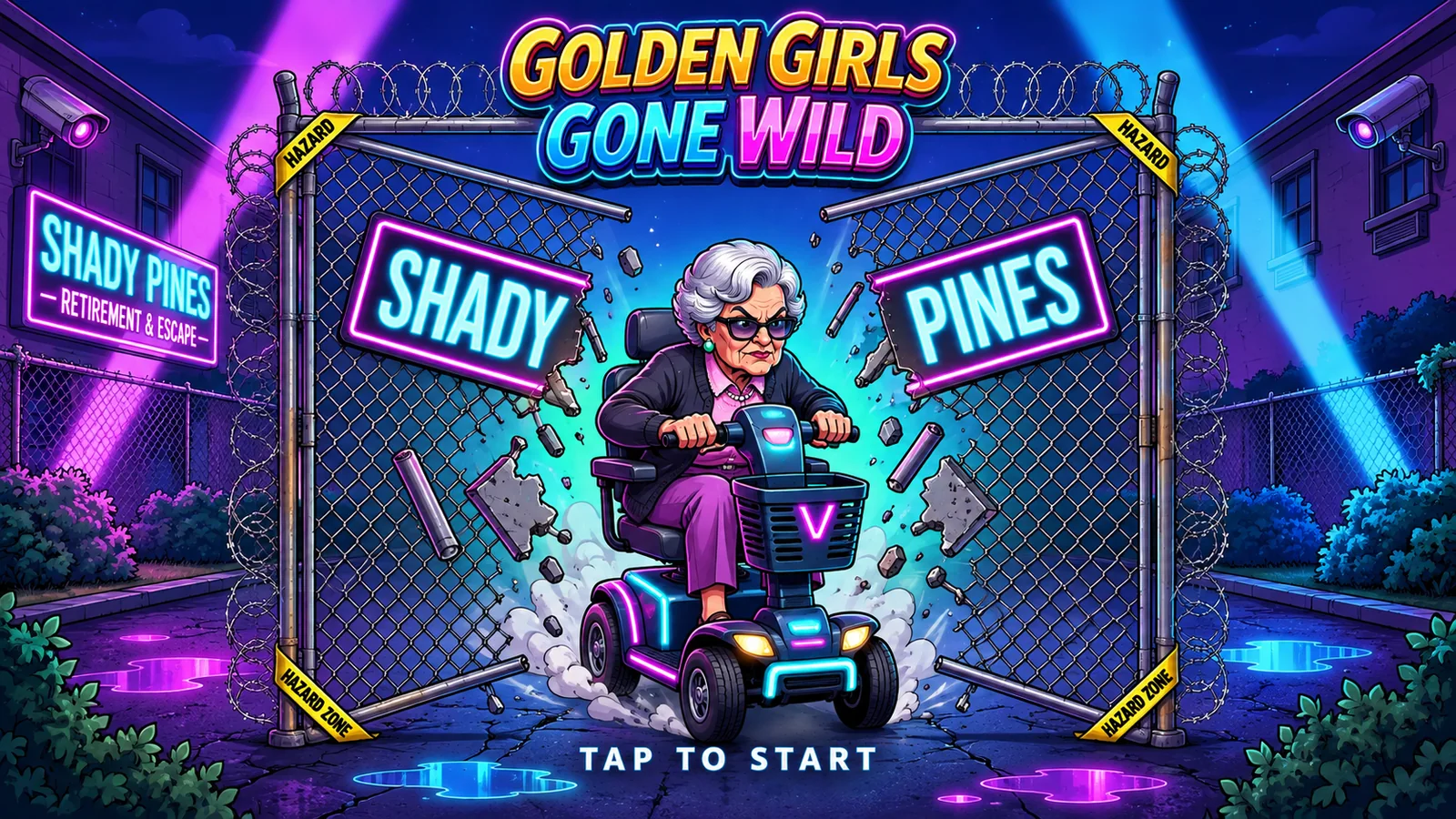A title card with attitude: Golden Girls Gone Wild breaks through the Shady Pines fence at tap-to-start.