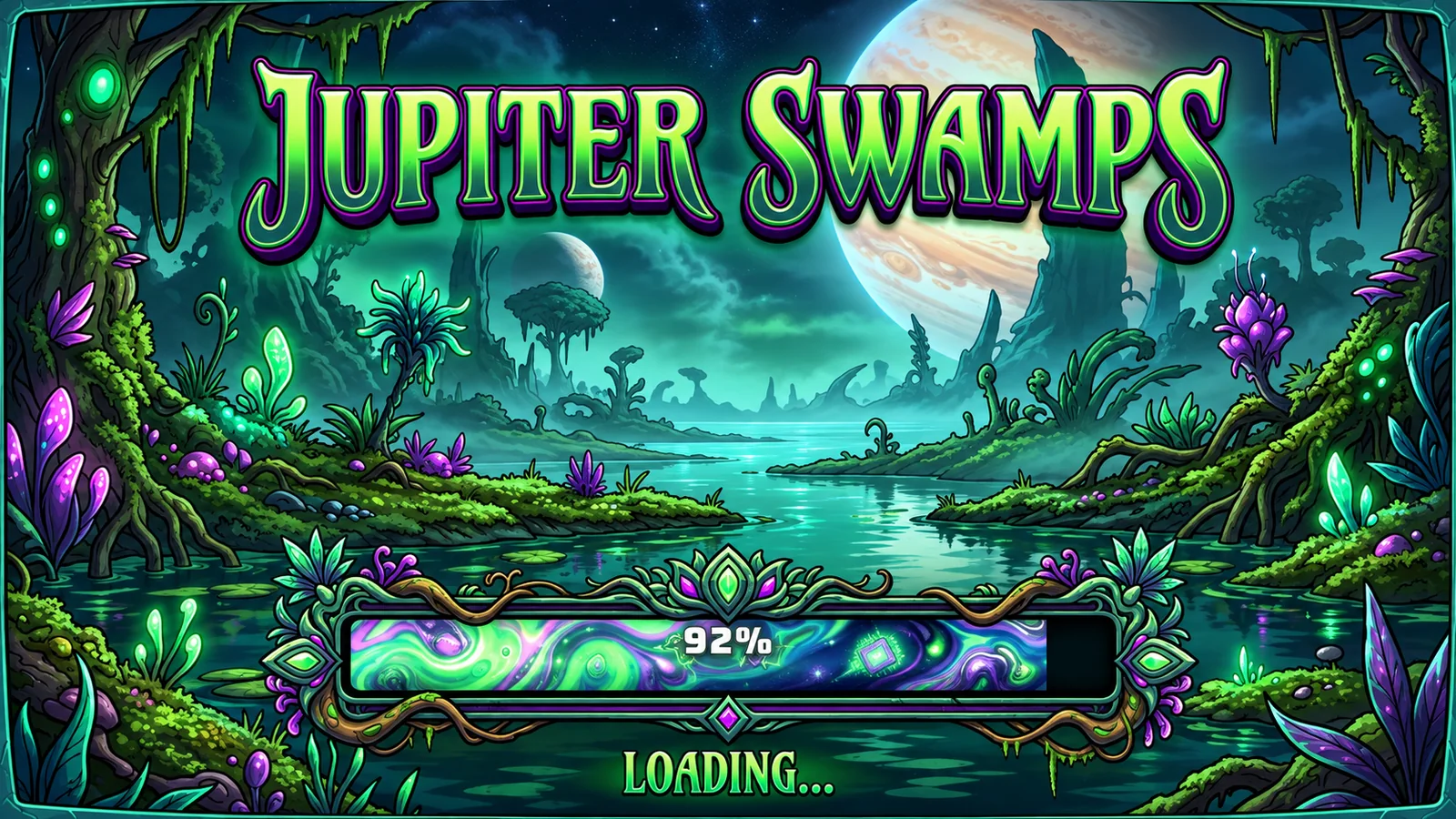 A loading screen that sets the scene: Jupiter Swamps fills its own swamp-vine bar while the world loads.