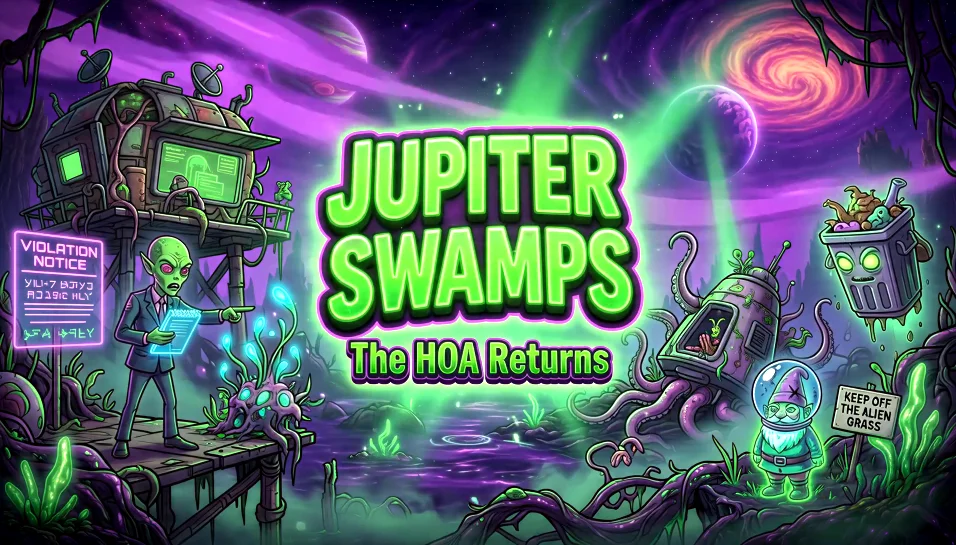 Jupiter Swamps title artwork with alien inspectors and a cosmic swamp