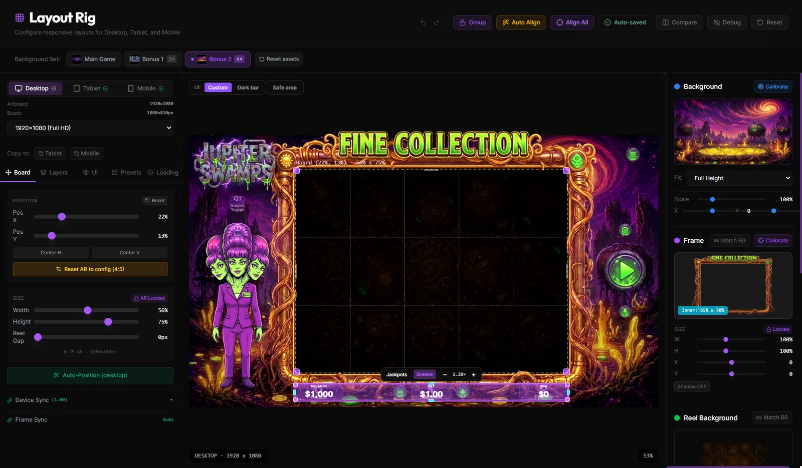 Layout Rig arranges a Jupiter Swamps bonus frame, board, and custom controls