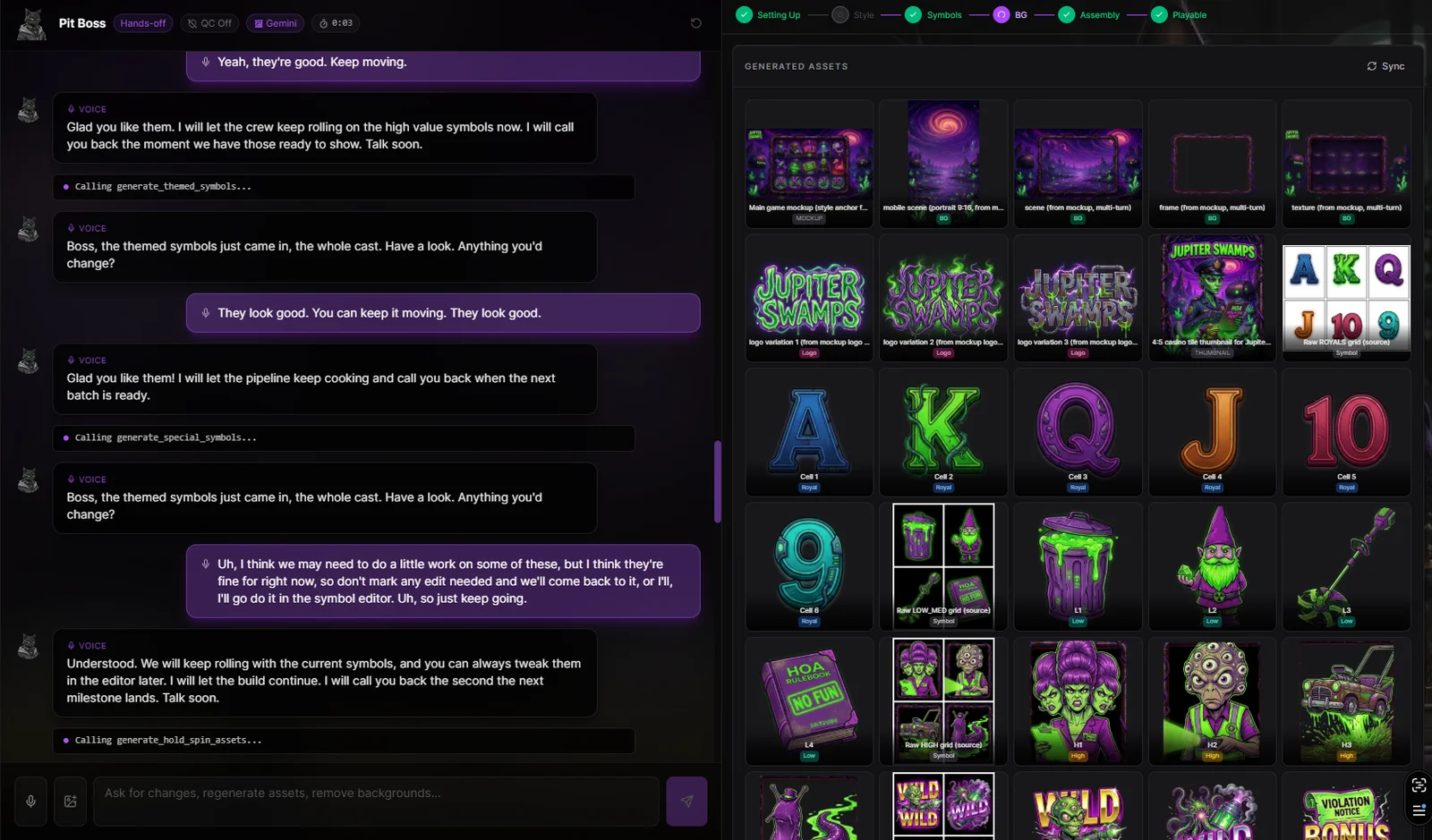 Pit Boss chat and the generated Jupiter Swamps asset collection