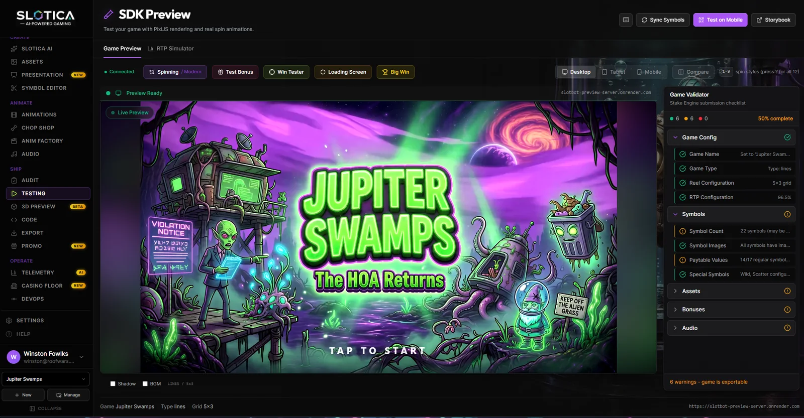 Slotica SDK Preview running Jupiter Swamps beside the Game Validator submission checklist